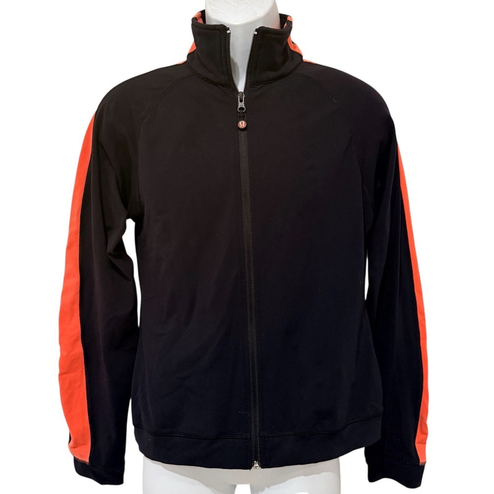 Lululemon Women's Jacket 14‎ Black Full Zip Activewear Logo Orange Stripe